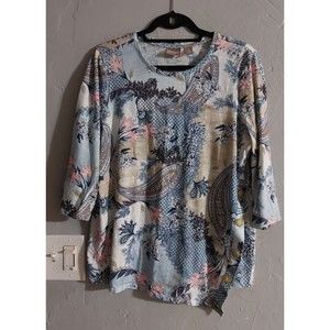 Chico's Tops Blouse Women Size 2,floral3/4 Sleeve  Cotton, 18 Inch Of Armp To Ar